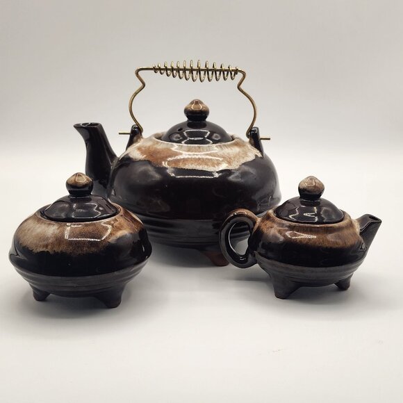 Vintage Redware Drip Glaze Teapot Creamer Sugar Set Wire Handle Ceramic Japan - Picture 2 of 11